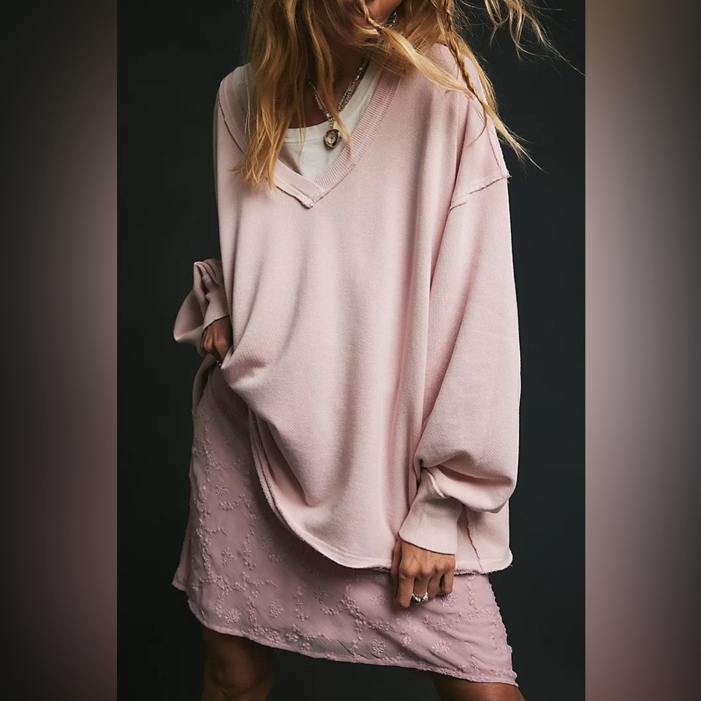 New Free People We The Free Venice V-Neck Sweatshirt Pink Lilac Bloom Blouse XS